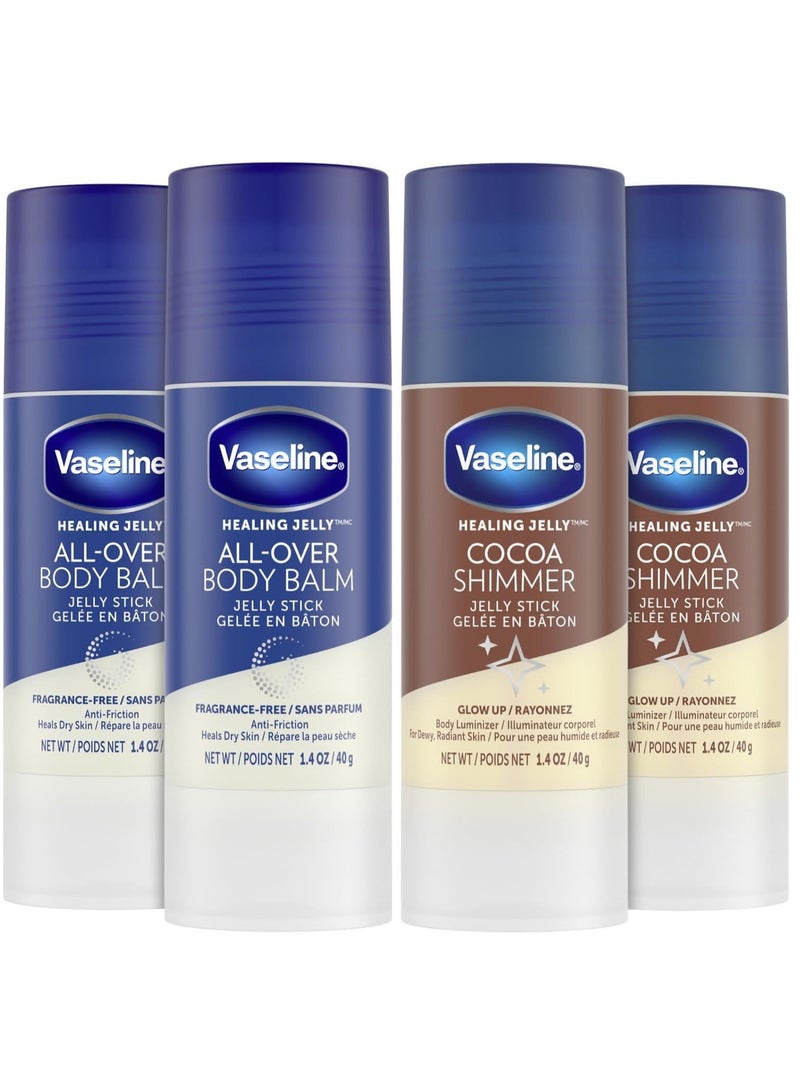 Vaseline Lotion Bundle, Cocoa Shimmer Jelly Stick Highlighter & Luminizer + All Over Body Balm Stick, Vaseline Cocoa Butter, Body Balm Skin Care Set, Petroleum Jelly for Dry Skin (4 Piece Set) - Image 1