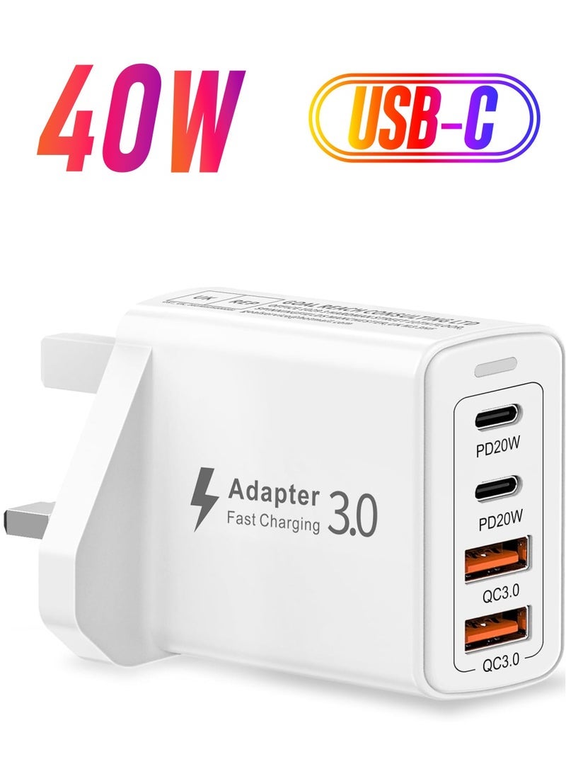 Gravity USB C Plug 40W 4-Port USB C Fast Charger – Multi USB Adapter with Dual USB-C Ports, UK Plug – Fast Charging Power Adapter for iPhone 15, 14, 13, 12, 11 Pro Max, iPad, Samsung Galaxy & More - Image 1