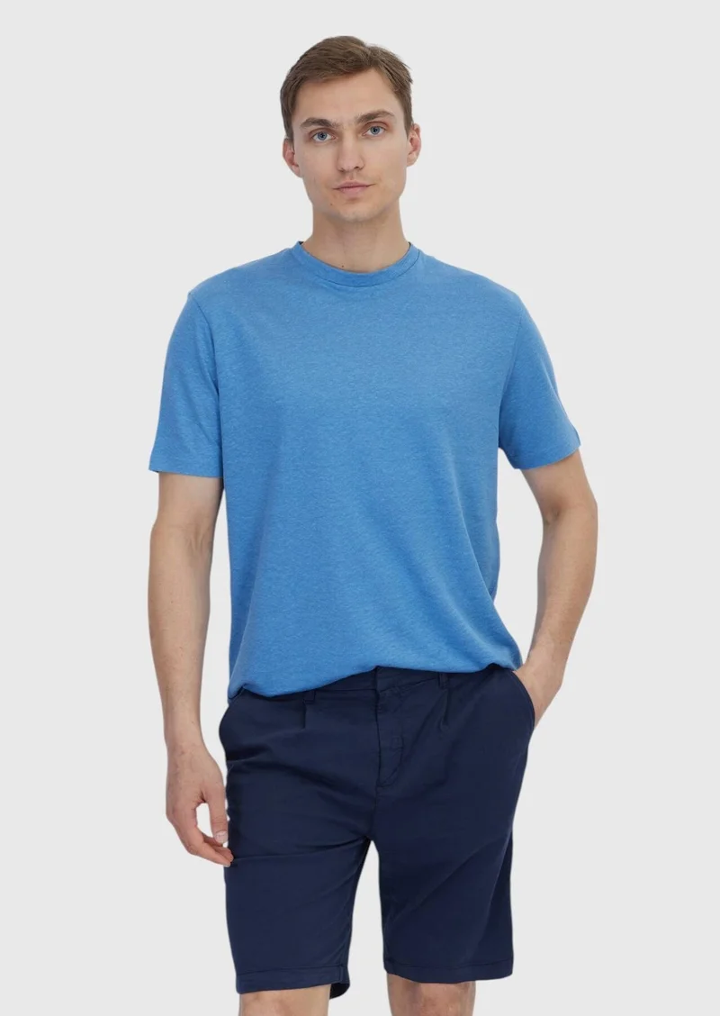 RAMSEY Blue Plain Crew Neck 100% Linen T-Shirt