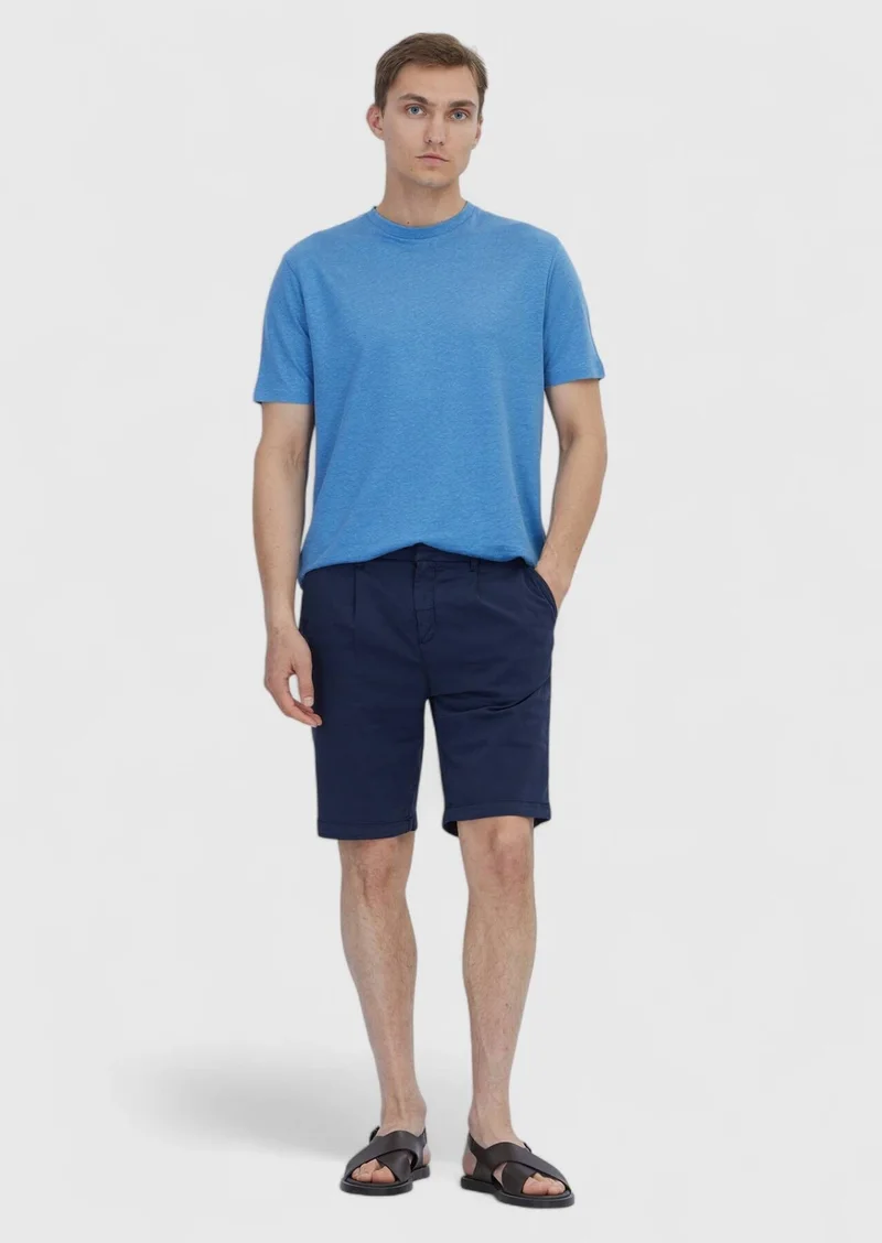 RAMSEY Blue Plain Crew Neck 100% Linen T-Shirt