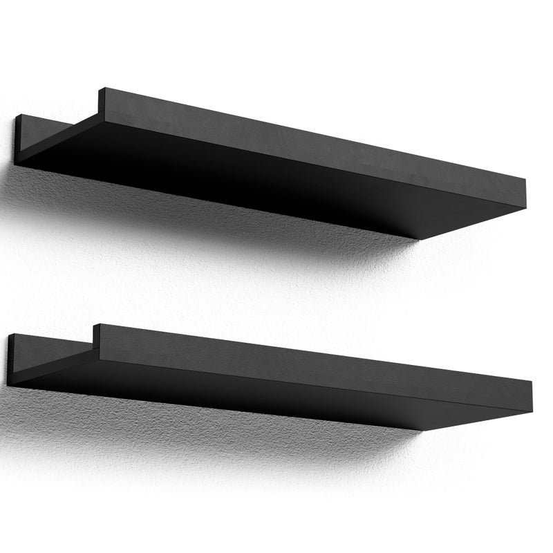 Boswillon Floating Shelves Wall Mounted Set of 2 Modern Black Wall Shelves for Storage with Lip Display Picture Ledge Shelf for Wall Decor Bedroom Living Room Bathroom Kitchen