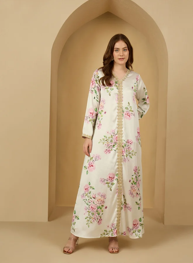 ستايلي Styli Cream Floral Satin Jalabiya with Lace Detail