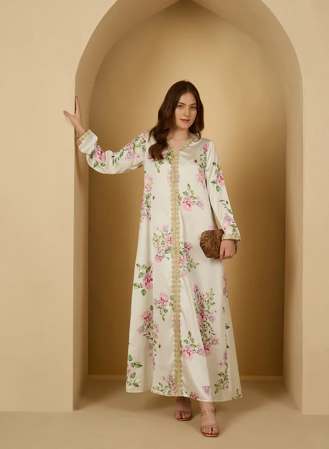 ستايلي Styli Cream Floral Satin Jalabiya with Lace Detail