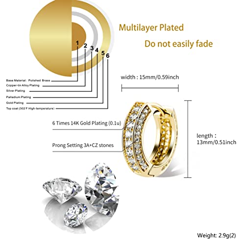 TOPGRILLZ Iced Out Hoop Earrings Cubic Zirconia Huggie Cartilage Cuff Hypoallergenic 14K Gold Plated Luxury Fashion Round Circle Earrings For Men Women-18Gold - Image 2