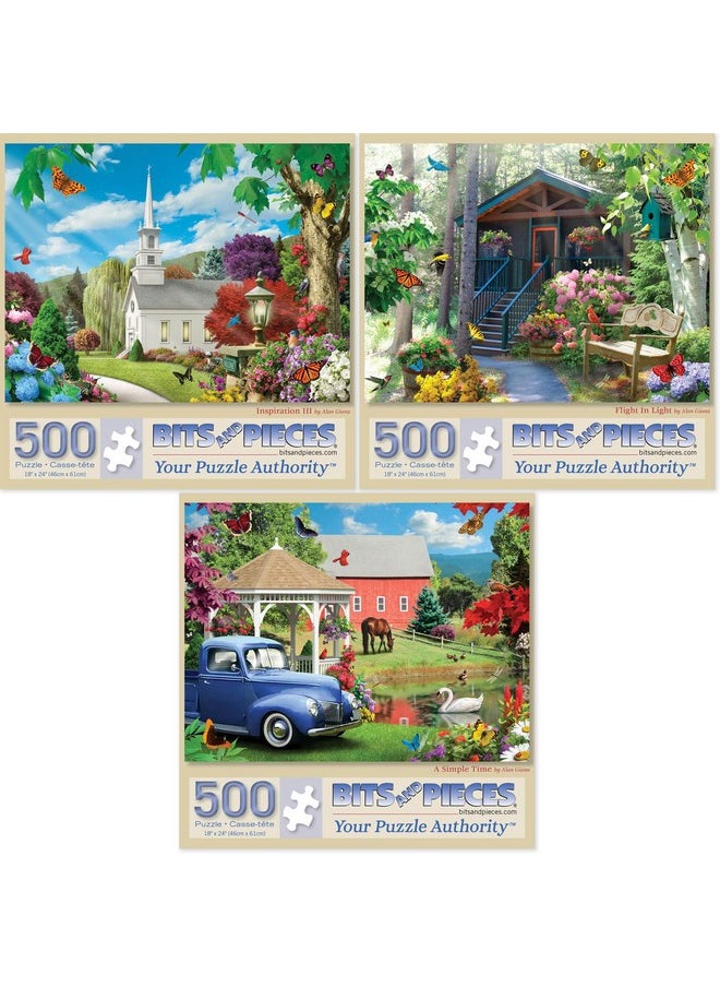 Bits and Pieces Bits and Pieces - Value Set of Three (3) 500 Piece Jigsaw Puzzles for Adults - Puzzles Measure 18"x24" - Seasons, Spring, Fall, Nature, Church, Cabin, Barn, Sun, Birds 500 pc Jigsaws by Alan Giana  - Image 1