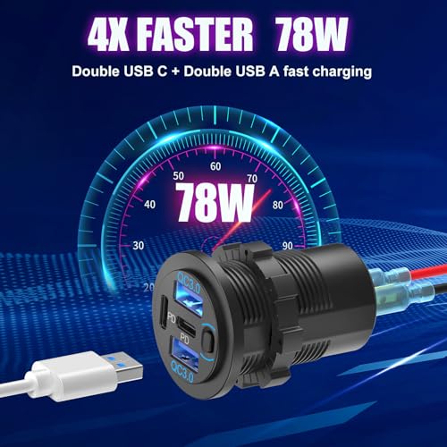 Hapytrip 78W 4 Port 12V USB Outlet Car Charger, Super Fast Dual PD3.0 & QC3.0 Multiple USB Port for Car, USB C Cigarette Lighter Replacement 12 Volt Socket Waterproof for Marine Boat Motorcycle RV Golf Cart - Image 2