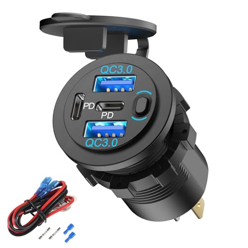 Hapytrip 78W 4 Port 12V USB Outlet Car Charger, Super Fast Dual PD3.0 & QC3.0 Multiple USB Port for Car, USB C Cigarette Lighter Replacement 12 Volt Socket Waterproof for Marine Boat Motorcycle RV Golf Cart - Image 1