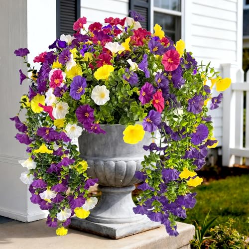 TSTWETO Artificial Flowers for Outdoors, 4 Pcs Fake Hanging Plants UV Resistant Faux Silk Flowers Morning Glory 5 Colors Eucalyptus Leaves Look Real for Outside Porch Planter Home Decor - Image 1