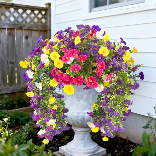 TSTWETO Artificial Flowers for Outdoors, 4 Pcs Fake Hanging Plants UV Resistant Faux Silk Flowers Morning Glory 5 Colors Eucalyptus Leaves Look Real for Outside Porch Planter Home Decor - Image 3