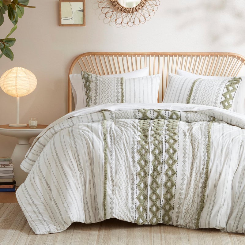 INKIVY King Duvet Cover Set Boho Chenille Tufted Cotton Duvet Cover for King Size Bed All Season King Size Bedding Cover Matching Shams Imani KingCal King Sage GreenIvory 3 Piece