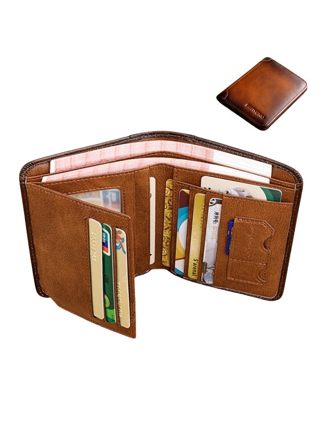 banyanu Men's Genuine Leather RFID Anti-Theft Brush Vertical Retro First-Layer Cowhide Wallet Yellow-Brown - Image 1