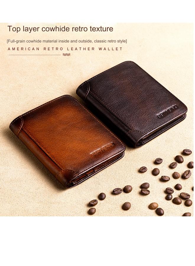 banyanu Men's Genuine Leather RFID Anti-Theft Brush Vertical Retro First-Layer Cowhide Wallet Yellow-Brown - Image 2