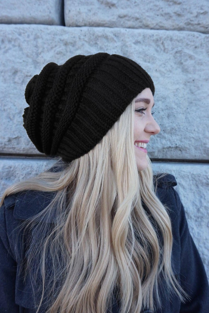 AIBFRID 2 Packs Winter Hats for Women Beanie Satin Lined Acrylic Cable Knit Chunky Warm Soft Slouchy Cuffed Cap Black - Image 2