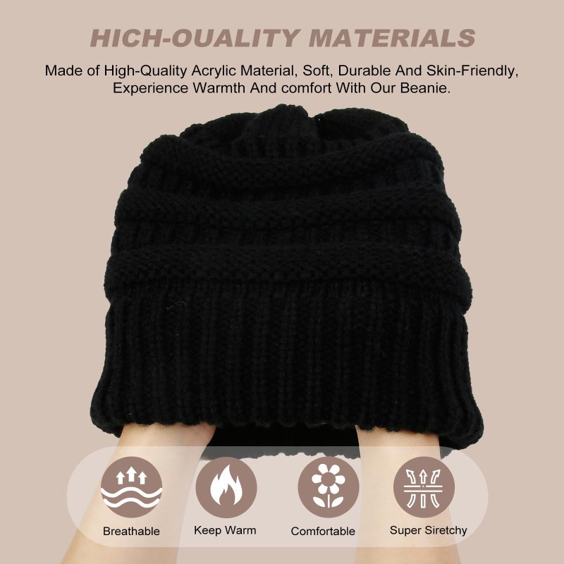 AIBFRID 2 Packs Winter Hats for Women Beanie Satin Lined Acrylic Cable Knit Chunky Warm Soft Slouchy Cuffed Cap Black - Image 4