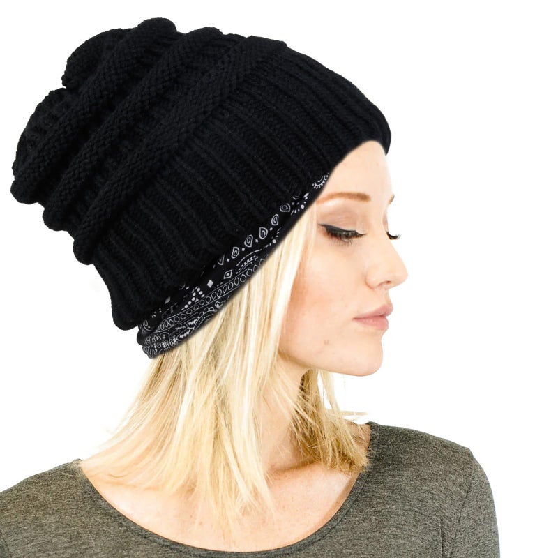 AIBFRID 2 Packs Winter Hats for Women Beanie Satin Lined Acrylic Cable Knit Chunky Warm Soft Slouchy Cuffed Cap Black - Image 3
