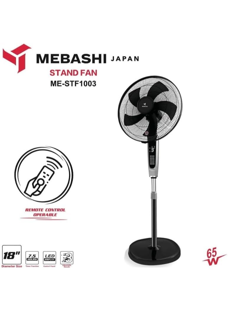 MEBASHI Stand Fan, 18 Inch, 65W, Remote Control, LED Display, 3 Speed, Timer, Black (ME-STF1003) - Image 2