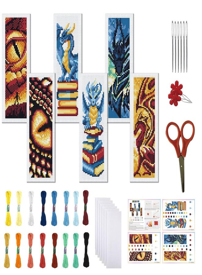 FREEBLOSS 6 Set Cross Stitch Bookmark Kit for Beginner Adults Dragon Stamped Embroidery Bookmark Kits Cross Stitch Kits with Instruction Bookmarks Making Kit for Book Lovers 8x2.4in/20x6cm - Image 1