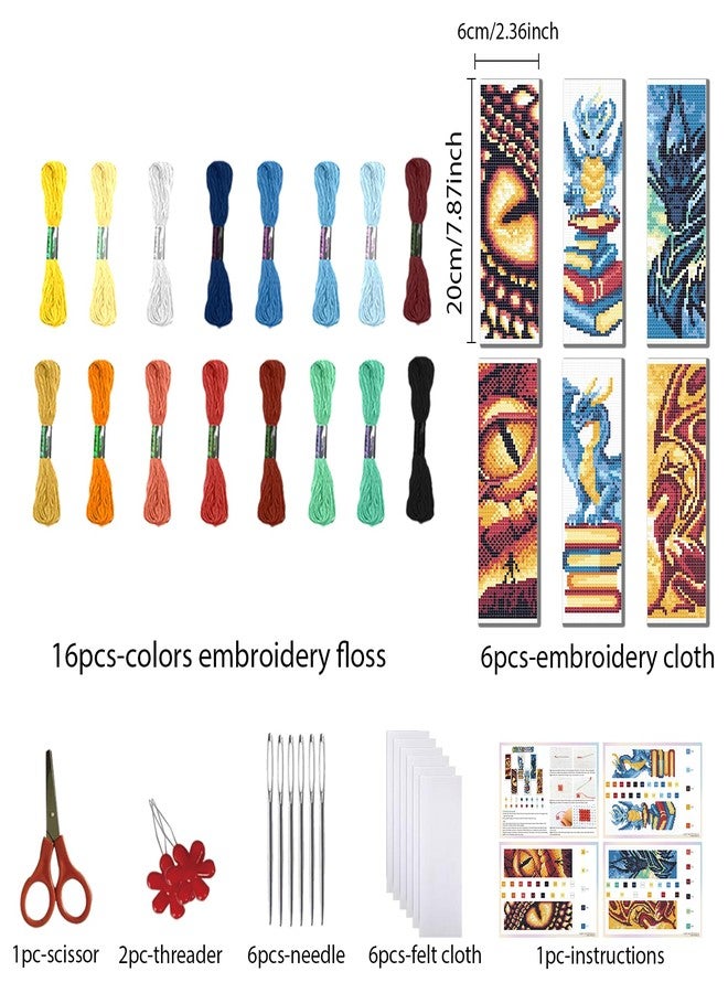 FREEBLOSS 6 Set Cross Stitch Bookmark Kit for Beginner Adults Dragon Stamped Embroidery Bookmark Kits Cross Stitch Kits with Instruction Bookmarks Making Kit for Book Lovers 8x2.4in/20x6cm - Image 2