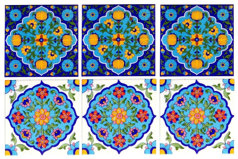 Shiv Kripa Blue Pottery Home Decor Moroccan Interior Exterior Tabletop Floor Wall Ceramic Handcrafted Painted Wall Tiles 6 x 6 Inch Set of 6 Tiles Multi