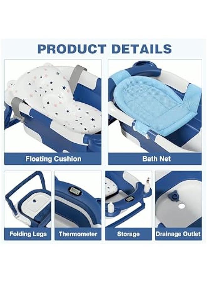 HOOKOR Baby Folding Bathtub, Portable Collapsible Toddler Bath Tub With Baby Cushion Temperature Sensor Drain Hole and Bath for Newborn/Infant/Toddler, Sitting Lying Large Safe Bathtub (Blue) - Image 5