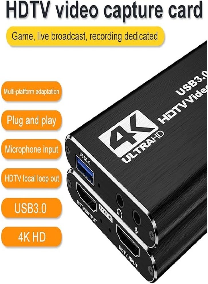 Video Capture Card, 4K HDMI Game Capture Card to USB 3.0 Loop Output Switcher Capture Card 1080P 60FPS Live Audio and Video Recorder Device (Black) - Image 3