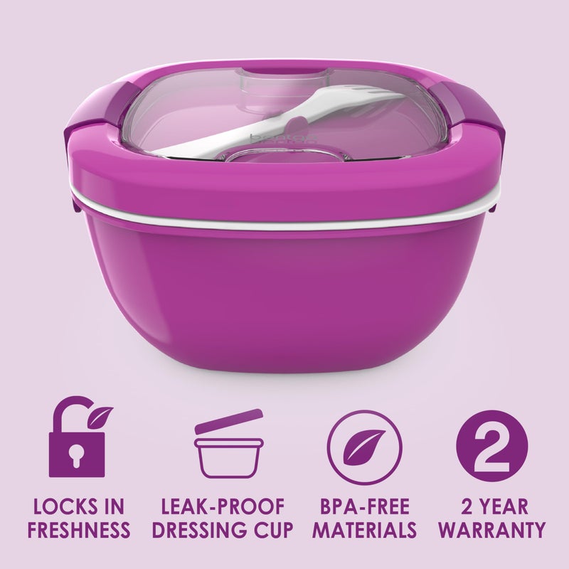 Bentgo All-in-One Salad Container - Large Salad Bowl  Bento Box Tray  Leak-Proof Sauce Container  Airtight Lid  & Fork for Healthy Adult Lunches; BPA-Free & Dishwasher/Microwave Safe (Purple) - Image 2