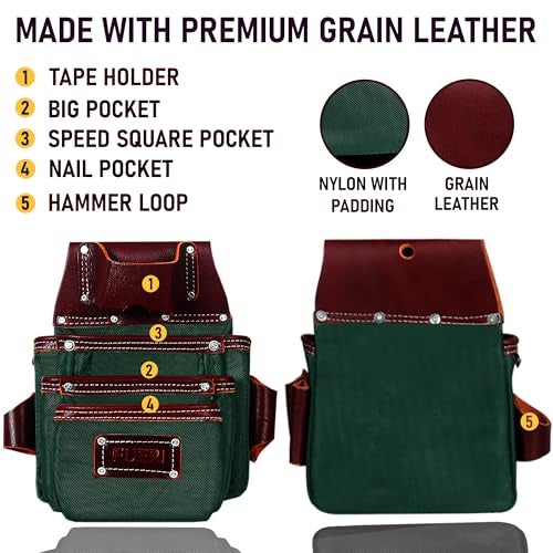 FUERI Electrician's Heavy Duty 26 Pocket Leather-Nylon Tool Belt & Bag Combo for Men, Comfort Back Support Padded Belt, 2 Large Storage Capacity Pouches, Best for Framers, Carpenter, Roofing - Image 2