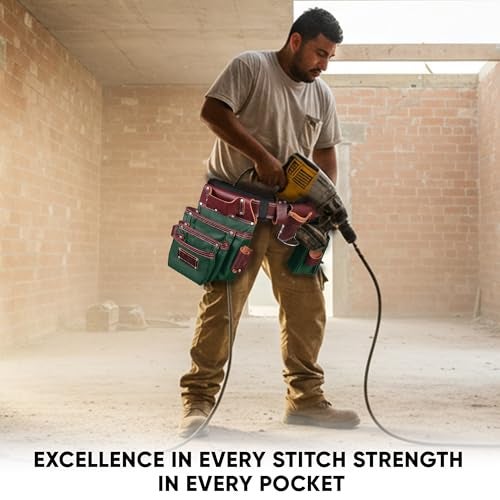 FUERI Electrician's Heavy Duty 26 Pocket Leather-Nylon Tool Belt & Bag Combo for Men, Comfort Back Support Padded Belt, 2 Large Storage Capacity Pouches, Best for Framers, Carpenter, Roofing - Image 4