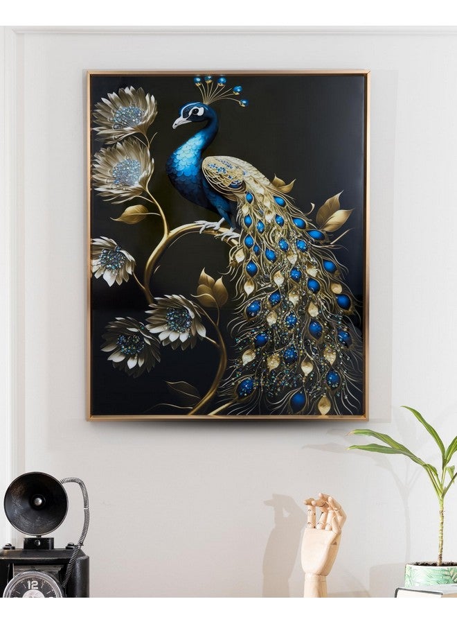 MODECOR Royal Peacock Wall Art - 40x50 cm Digitally Printed Design with Embedded Crystals, Acrylic Layer & Aluminium Frame | Blue & Gold Elegant Wall Décor for Living Room, Bedroom & Office - Image 2