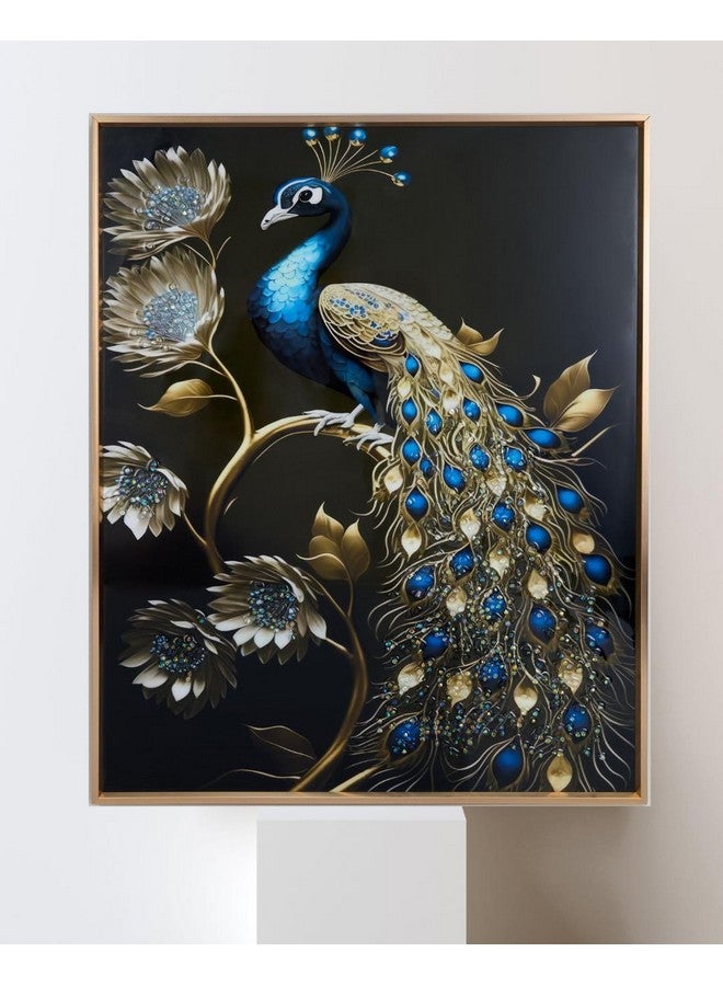 MODECOR Royal Peacock Wall Art - 40x50 cm Digitally Printed Design with Embedded Crystals, Acrylic Layer & Aluminium Frame | Blue & Gold Elegant Wall Décor for Living Room, Bedroom & Office - Image 1