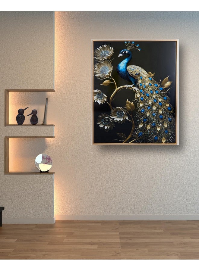 MODECOR Royal Peacock Wall Art - 40x50 cm Digitally Printed Design with Embedded Crystals, Acrylic Layer & Aluminium Frame | Blue & Gold Elegant Wall Décor for Living Room, Bedroom & Office - Image 5