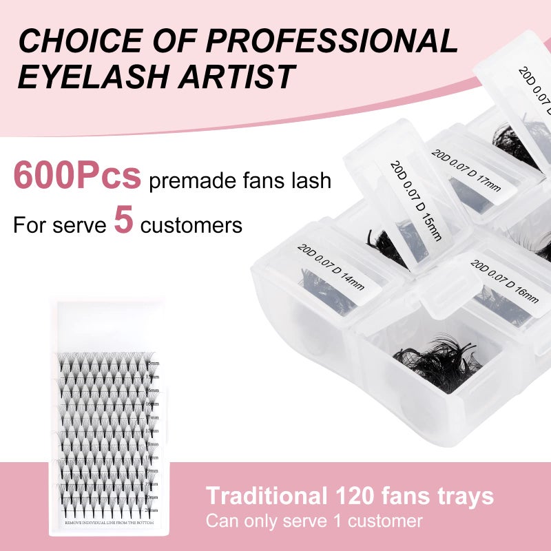 FADLASH Lash Extension FADLASH 20D Premade Fans Eyelash Extensions 600pcs Pre Made Fans Lash Extensions Premade Lash Fans Volume Lash Extensions D Curl Eyelash Extension Premade Fans (20D-0.07D-14-20mm) - Image 4