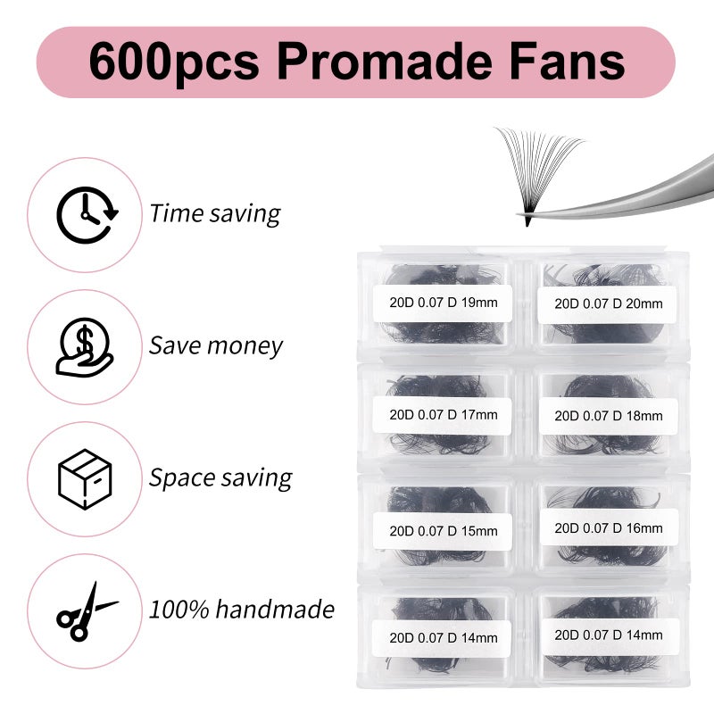 FADLASH Lash Extension FADLASH 20D Premade Fans Eyelash Extensions 600pcs Pre Made Fans Lash Extensions Premade Lash Fans Volume Lash Extensions D Curl Eyelash Extension Premade Fans (20D-0.07D-14-20mm) - Image 2