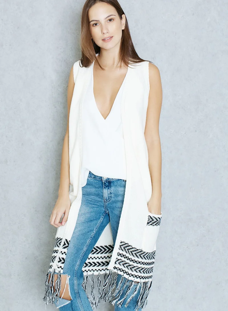 Jacqueline de Yong Fringed Longline Sleeveless Cardigan