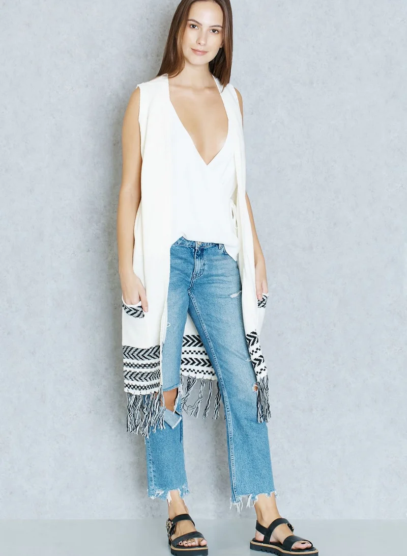 Jacqueline de Yong Fringed Longline Sleeveless Cardigan