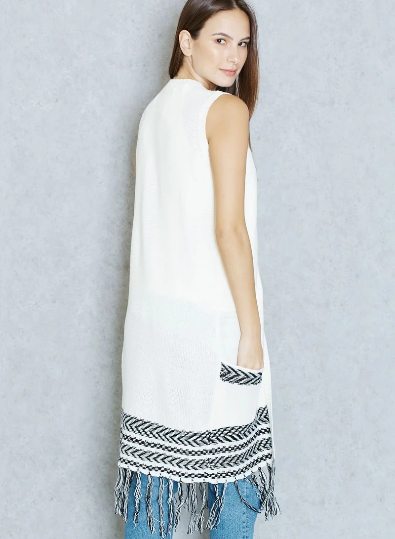 Jacqueline de Yong Fringed Longline Sleeveless Cardigan