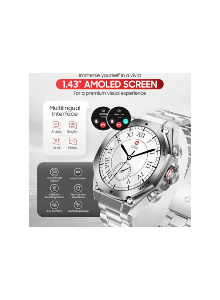 Swiss Military Dom 6 Smartwatch, 1.43" AMOLED Display, Hands-Free Calling, Multi-Language Multilingual Interface, Intelligent Workout Detection, IP67 Water Resistance, Silver | Dom 6 - Image 2