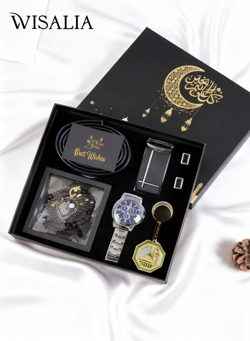 فيساليا هدايا رجالية, هدايا للرجال - مجموعة هدايا فاخرة 6 قطع: ساعة رجالية, حزام, سوار, عداد رقمي, أزرار قميص, مفتاح - هدية يوم الأب, عيد ميلاد, ذكرى سنوية - Image 1