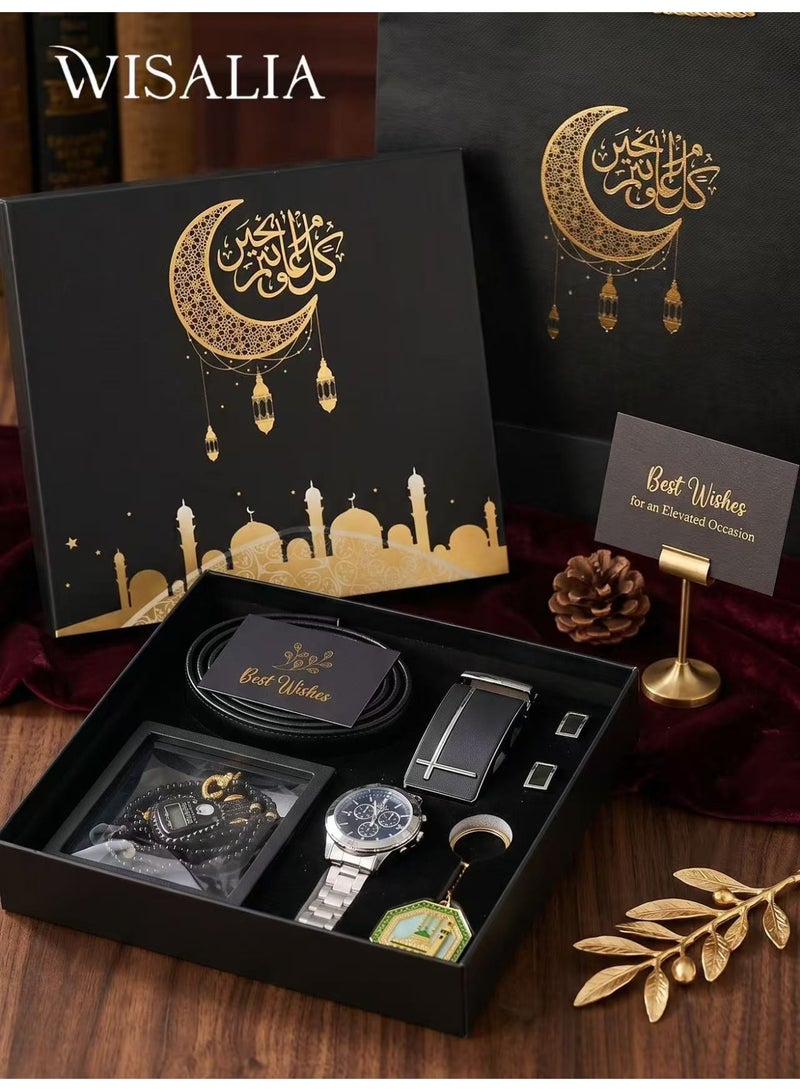 فيساليا هدايا للرجال، مجموعة هدايا فاخرة من 6 قطع للرجال مع ساعة رجالية، حزام، سوار، عداد رقمي، أزرار أكمام وسلسلة مفاتيح - هدية عيد الفطر، رمضان، عيد ميلاد وعيد الأب - Image 1