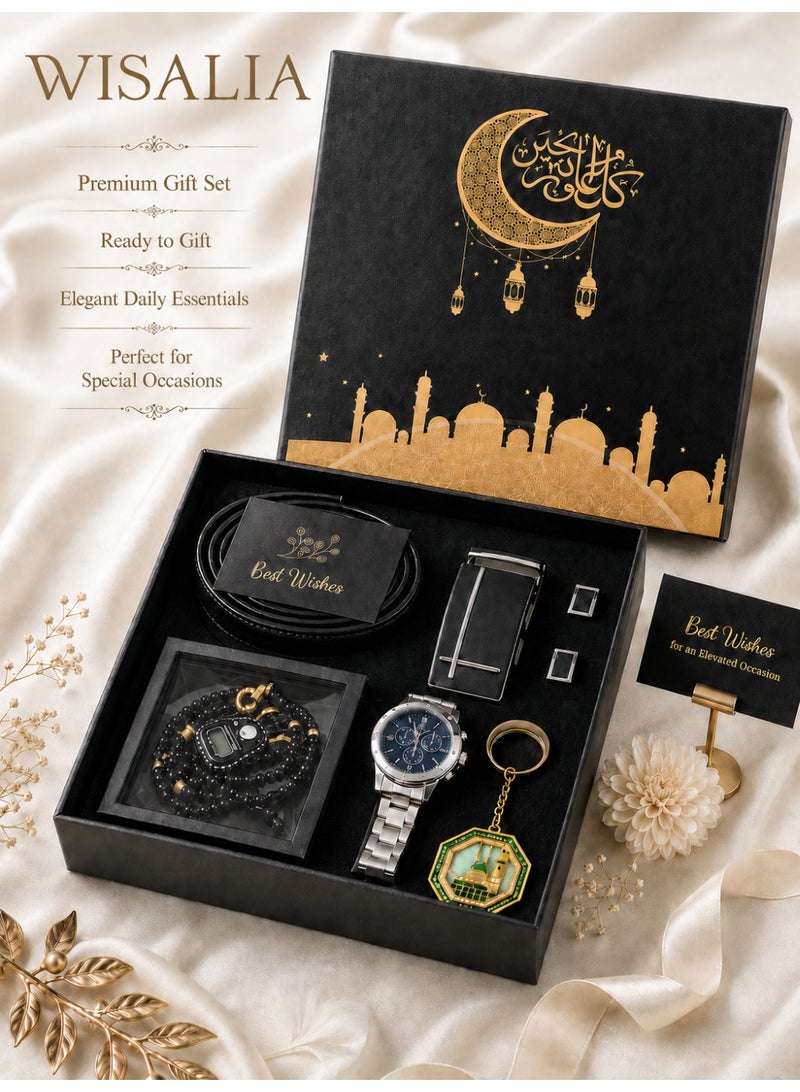 Wisalia Gifts for Men, 6-Piece Luxury Gift Set for Men with Men‘s Watch, Belt, Bracelet, Digital Counter, Cufflinks and Keychain - Eid, Ramadan, Birthday and Father’s Day Present - Image 1