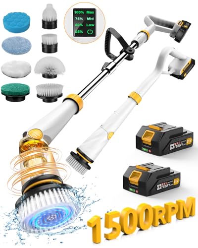 Qimedo Electric Spin Scrubber with Two Batteries Q2 Pro1500 RPM High Power Electric Scrubber for CleaningShower Cordless Cleaning Brush with Display for TubTileFloor Effortless Handle8 Brushes - Image 2