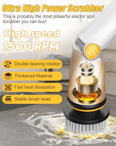 Qimedo Electric Spin Scrubber with Two Batteries Q2 Pro1500 RPM High Power Electric Scrubber for CleaningShower Cordless Cleaning Brush with Display for TubTileFloor Effortless Handle8 Brushes - Image 5