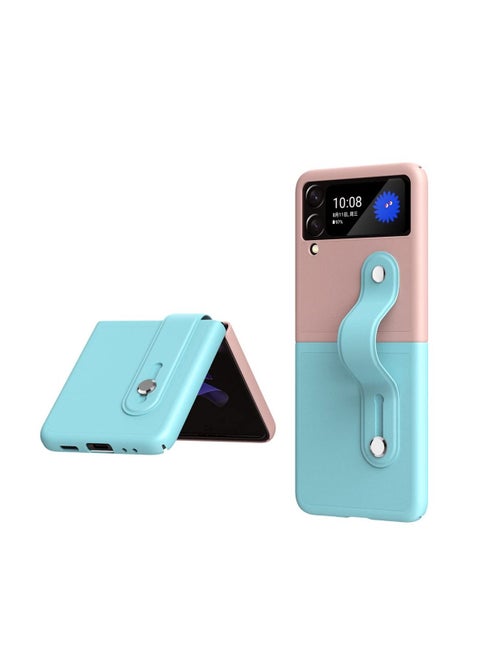 Mobile Phone Protective Case, KASTWAVE for Z Flip 3 5G 2021 with Hand Strap Cover PU Leather Compatible with Fit for Samsung Galaxy Z Flip 3 5G Case Wristband Plastic PC (Pink Blue)
