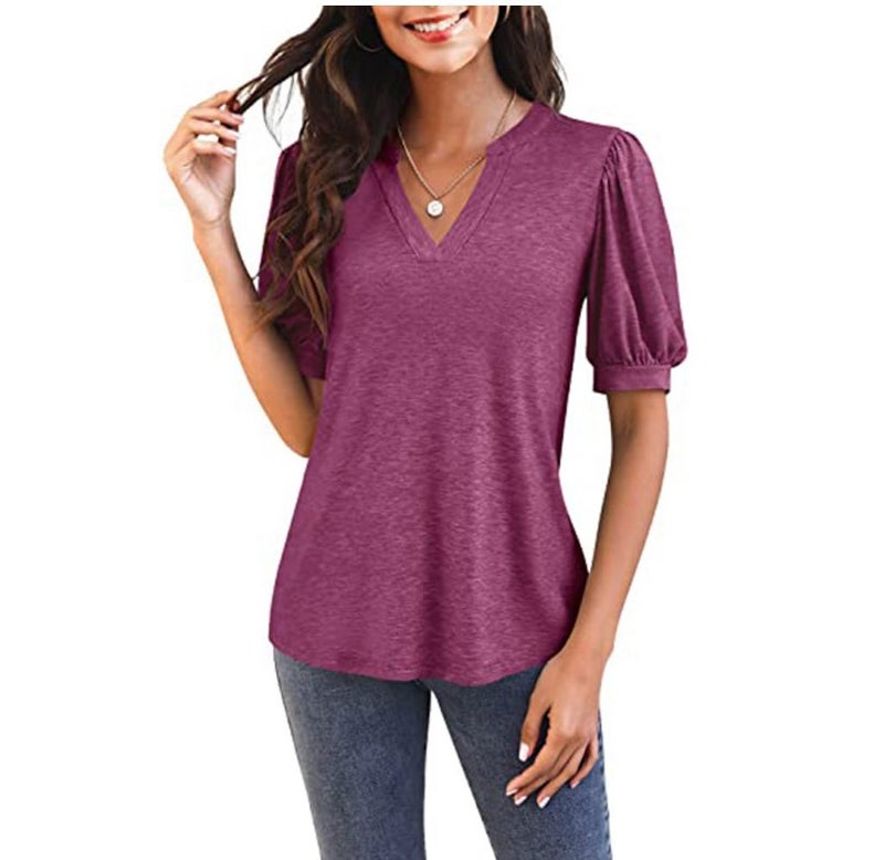 Cross-border women's top 2022 summer new casual v-neck solid color puff sleeve loose t-shirt women blue XL - Image 3