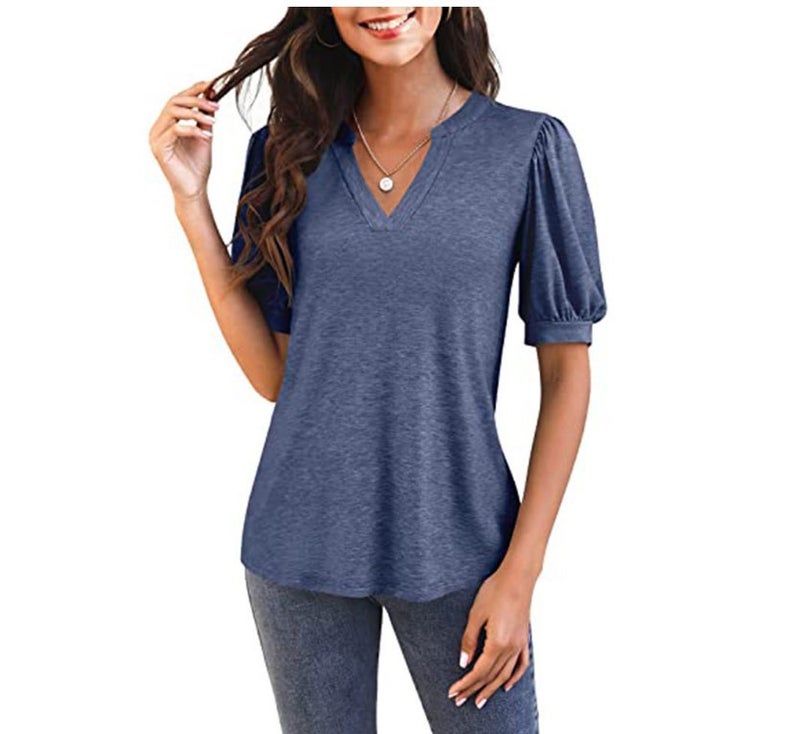 Cross-border women's top 2022 summer new casual v-neck solid color puff sleeve loose t-shirt women blue XL - Image 5