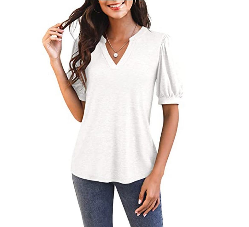 Cross-border women's top 2022 summer new casual v-neck solid color puff sleeve loose t-shirt women blue XL - Image 4