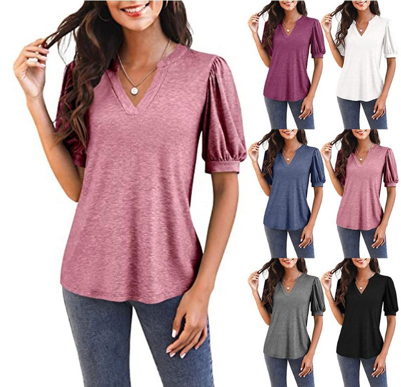 Cross-border women's top 2022 summer new casual v-neck solid color puff sleeve loose t-shirt women blue XL - Image 2