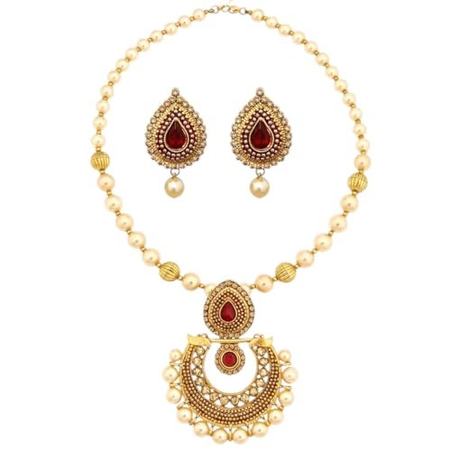 ACCESSHER Women’s Gold Plated Elegant Traditional Pearl and Maroon Kundan Pendant Necklace & Matching Earrings Set for Special Occasions, Wedding and Festivals - Image 1
