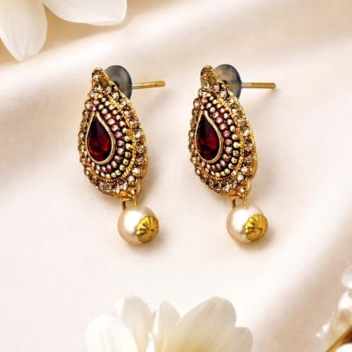 ACCESSHER Women’s Gold Plated Elegant Traditional Pearl and Maroon Kundan Pendant Necklace & Matching Earrings Set for Special Occasions, Wedding and Festivals - Image 3