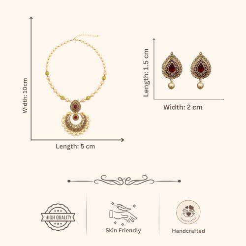 ACCESSHER Women’s Gold Plated Elegant Traditional Pearl and Maroon Kundan Pendant Necklace & Matching Earrings Set for Special Occasions, Wedding and Festivals - Image 5